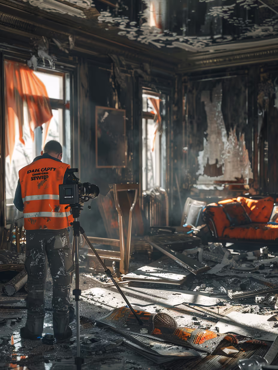 a professional capturing a building affected by a fire accident