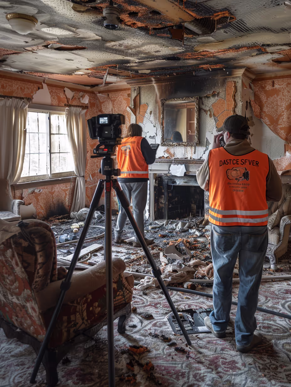 professional capturing a building affected by fire accident.