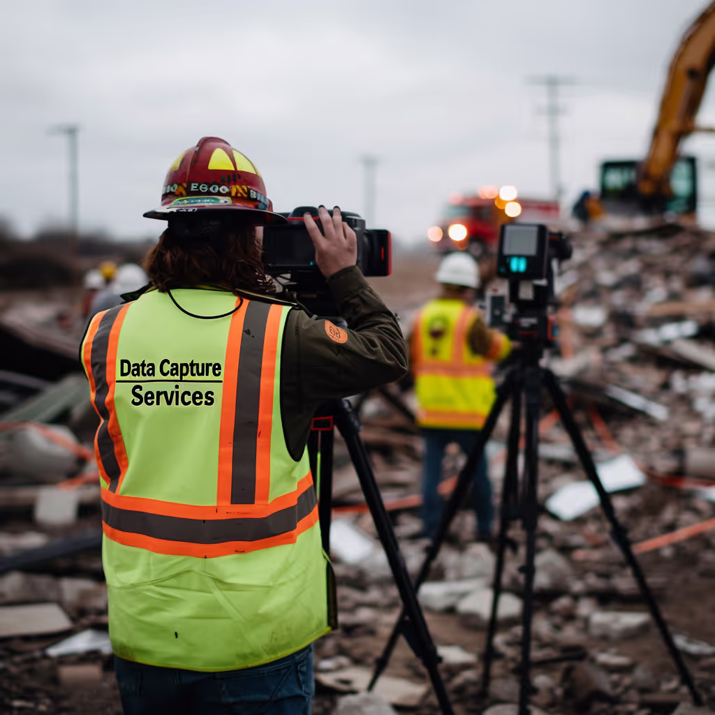 a professional documenting a site of a collapsed building