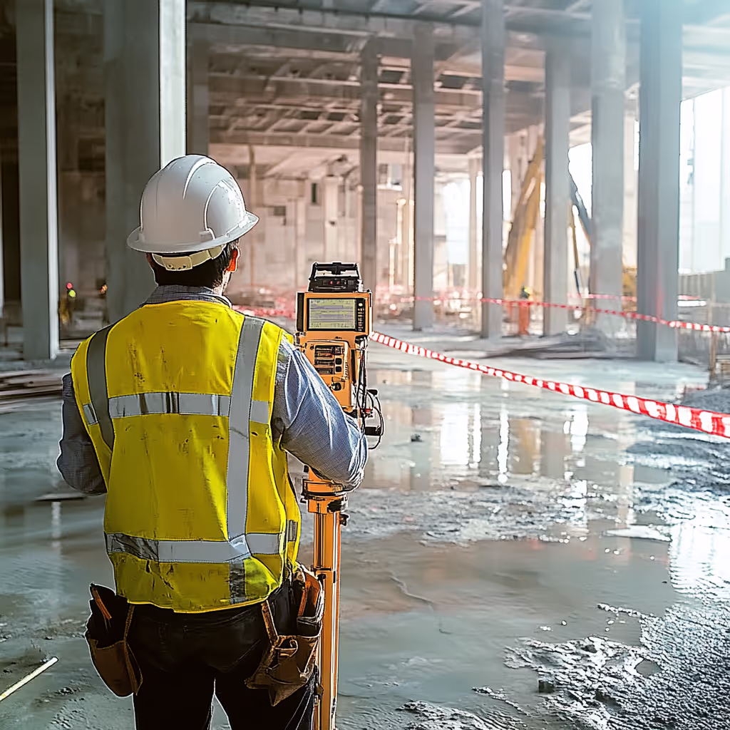 A professional surveying a building