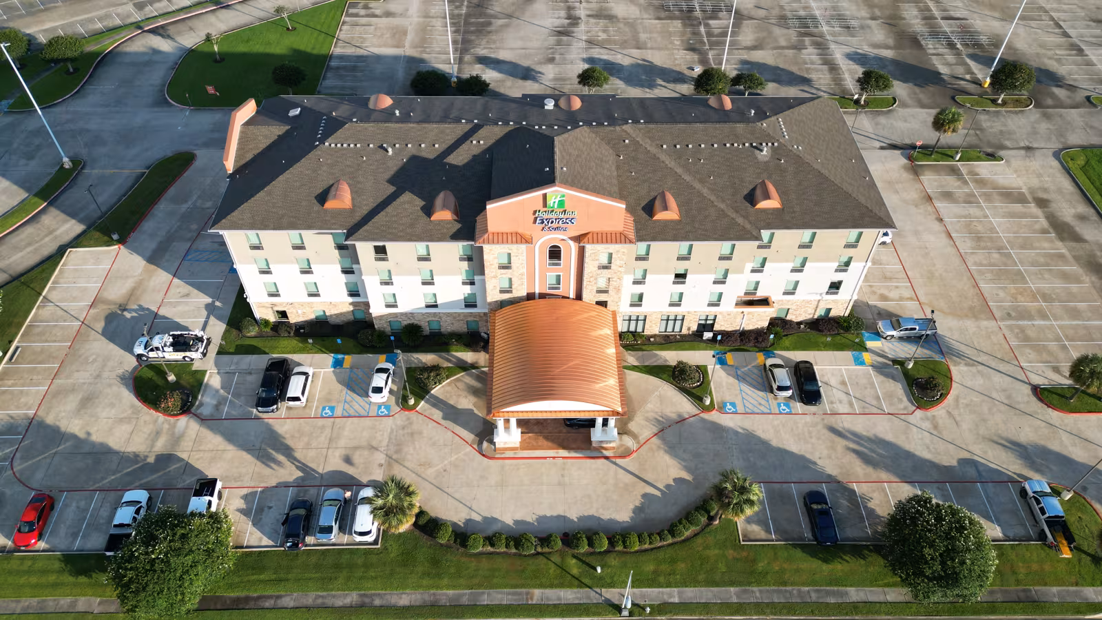 Aerial drone view of a Holiday Inn Express hotel