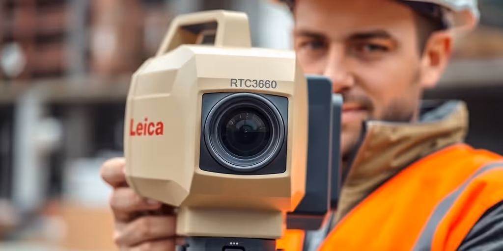 Construction worker holding laser scanner.