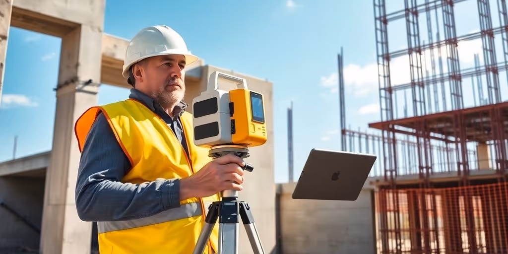 Construction site with scanner and blueprints.